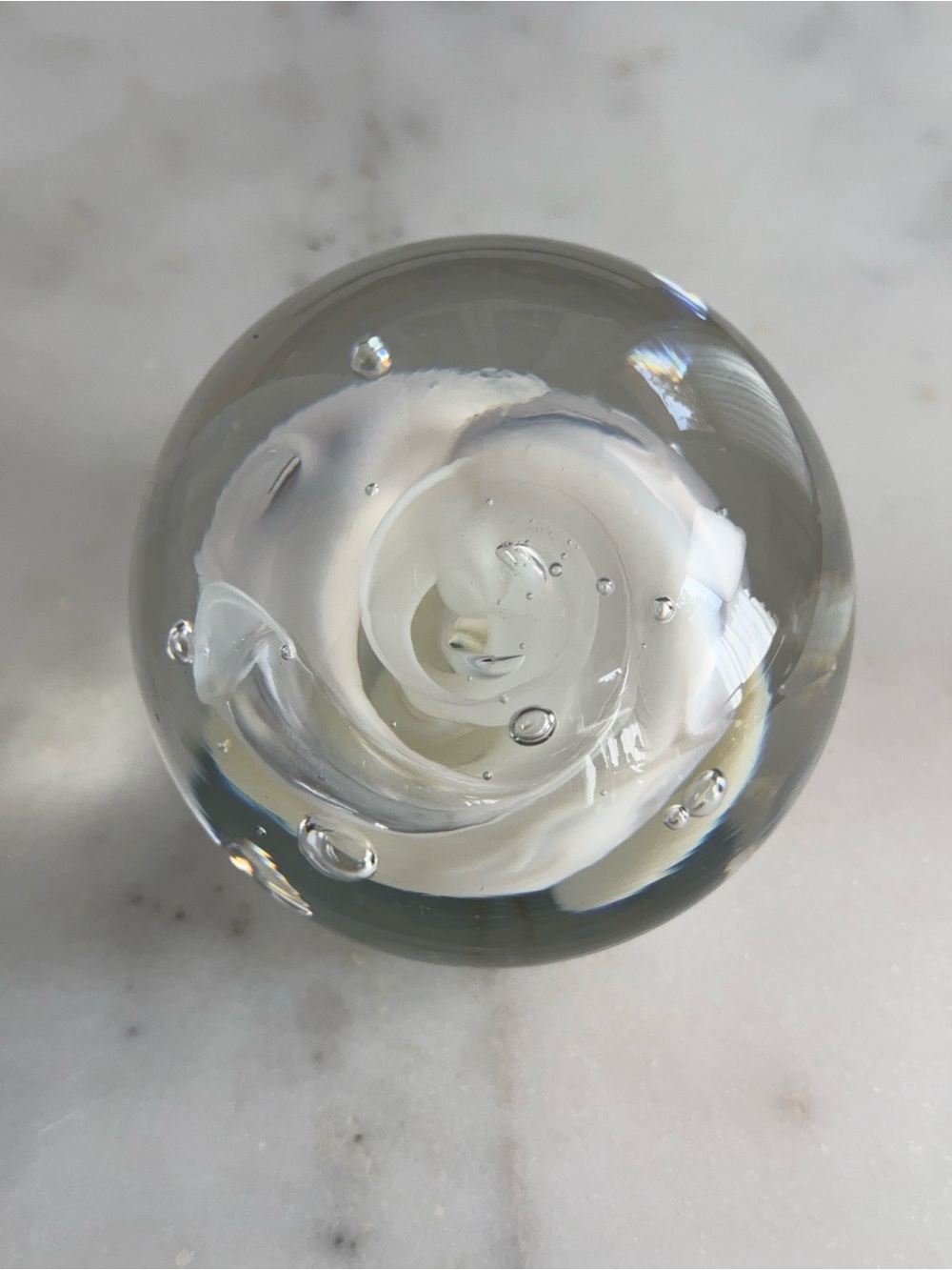 Hand Blown White Rose Glass Paperweight